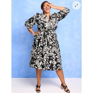 Talbots Black White Poplin Butterfly Print Belted Shirt Dress Size 14W